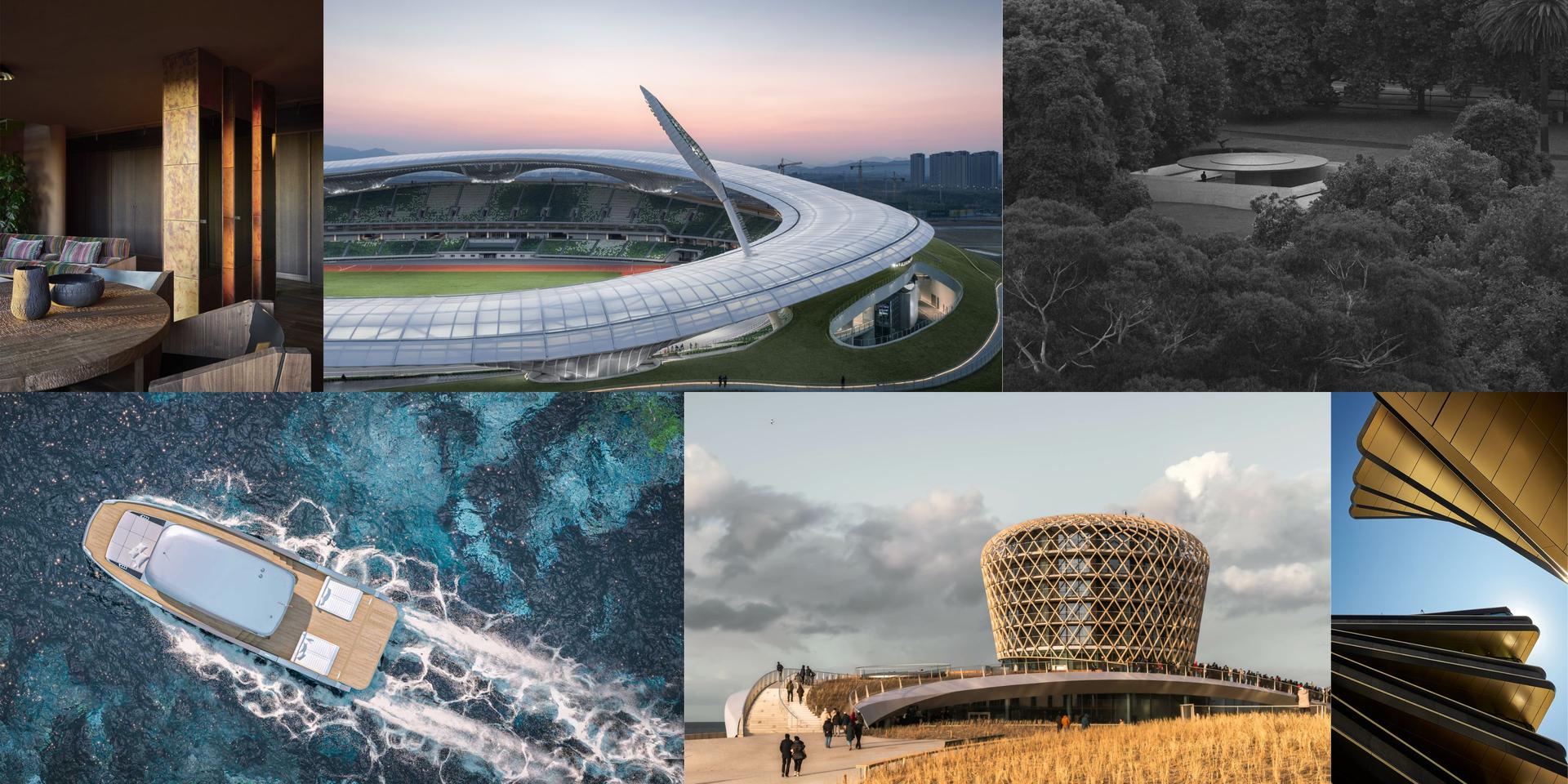 Header: 2024 Winners, from the top left: Van B Editions, Holzrausch Gmbh. Photo: Oliver Jaist. Quzhou Stadium, MAD Architects. Photo: CreatAR Images, Aogvisio. MPavilion 10, Tadao Ando Architect & Associates. Photo: Rory Gardiner, Luke Ray, William Hamilton-Coates, Marie-Luise Skibbe, Michael Pham, Rick Clifford. 55 Sunreef ULTIMA, Sunreef Venture S.A.. Photo: Sunreef Yachts. SILT Middelkerke, Delva Landscape Architecture | Urbanism. Photo: Sebastian van Damme. Masarycka, Zaha Hadid Architects. Photo: BoysPlayNice.