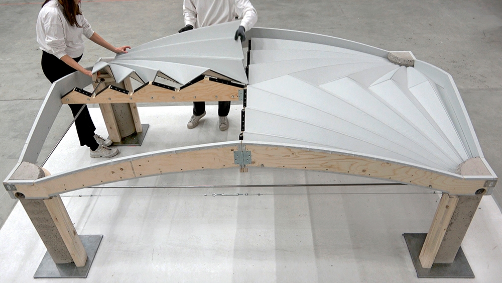 Unfold Form: Curved-crease un-foldable formwork for sustainable vaulted floors. Photo: Lotte Scheder-Bieschin, Andrei Jipa