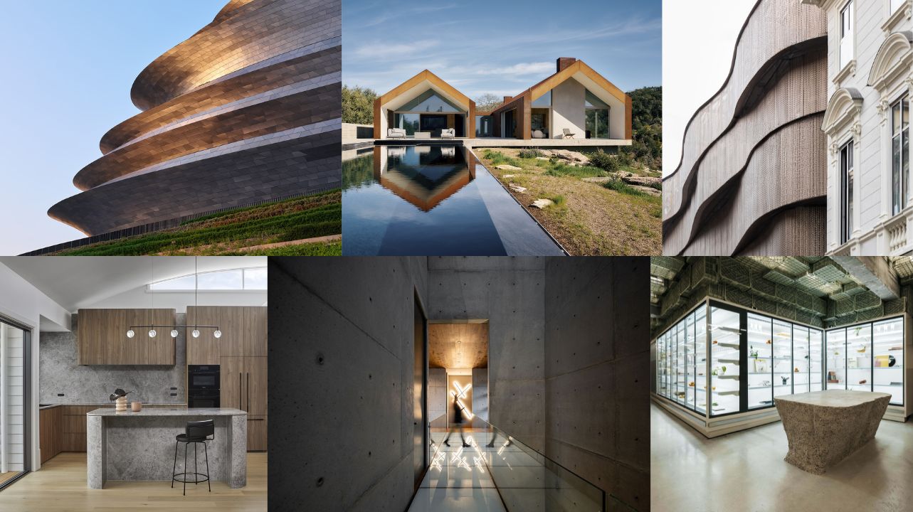 2025 Winners, from the top left: Shenzhen Science & Technology Museum, Zaha Hadid Architects. Photo Credit: Virgile Simon Bertrand. Edmonds + Lee Architects. Photo Credit: Joe Fletcher. New Campus ESCP Turin, TRA srl. Photo Credit: Monica Spezia, Fabio Oggero. Danson Residence, Jack Fugaro Architect. Photo Credit: Dave Kulesza. Casas Tiro al Pichón, Jaime Guzman Creative Group. Photo Credit: OFHA Oscar Hernandez. Plastic Box, Minimal Studio. Photo Credit: Leonardo Cóndor.