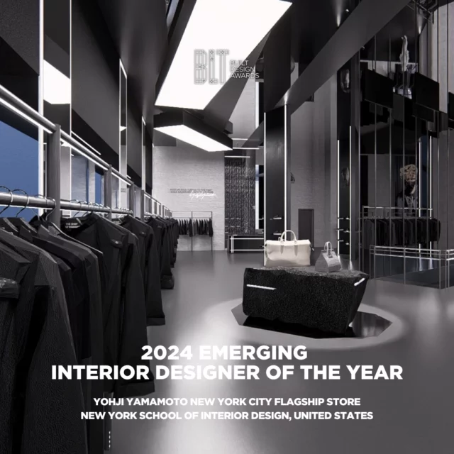 🏆 EMERGING INTERIOR DESIGNER OF THE YEAR: Yohji Yamamoto New York City Flagship Store 🏆⁠
⁠
The design of this flagship store embodies Yohji Yamamoto’s avant-garde fashion ethos that champions deconstructivism, asymmetry, and a gender-neutral appeal. Targeting art-conscious individuals, the store reflects his intellectual, dark, and rebellious style with monochrome palettes, film noir elements, and nods to his Japanese heritage all at the same time. ⁠
⁠
University: New York School of Interior Design⁠
Lead Designer: Sonal Aggarwal⁠
Interior Designer: Sonal Aggarwal⁠
⁠
📍 Location: Manhattan, New York, USA ⁠
⁠
Click the link in bio to learn more about the project.⁠
⁠
#bltbuiltdesignawards #bltdesignawards #bltawards #interiordesign #designaward #flagshipstore